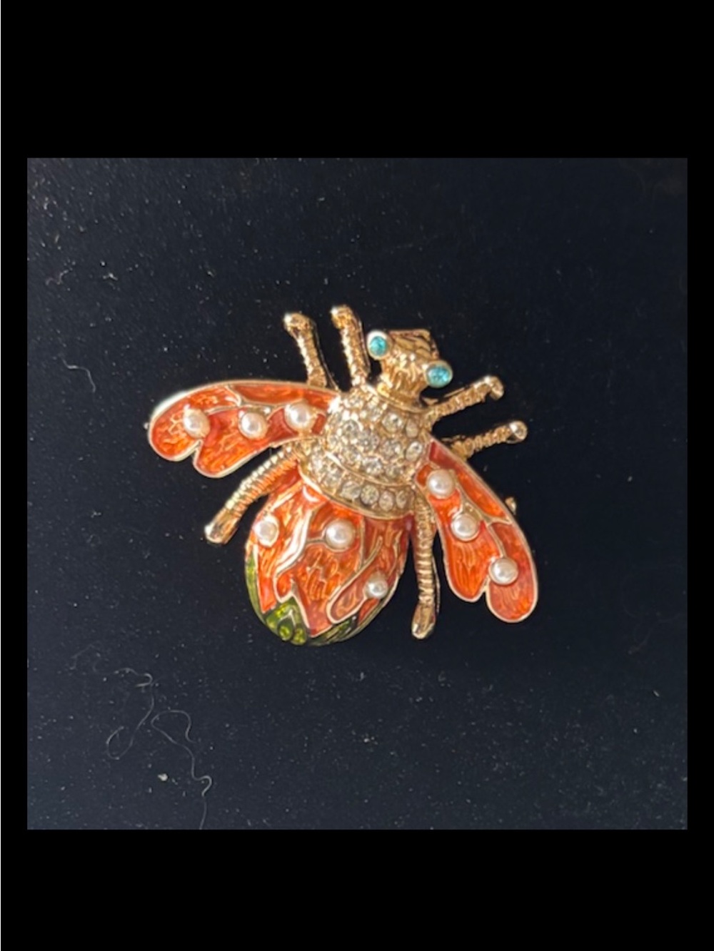 Vintage Bee Brooch Gold Tone Orange Enamel Faux Pearl Rhinestone Insect Pin